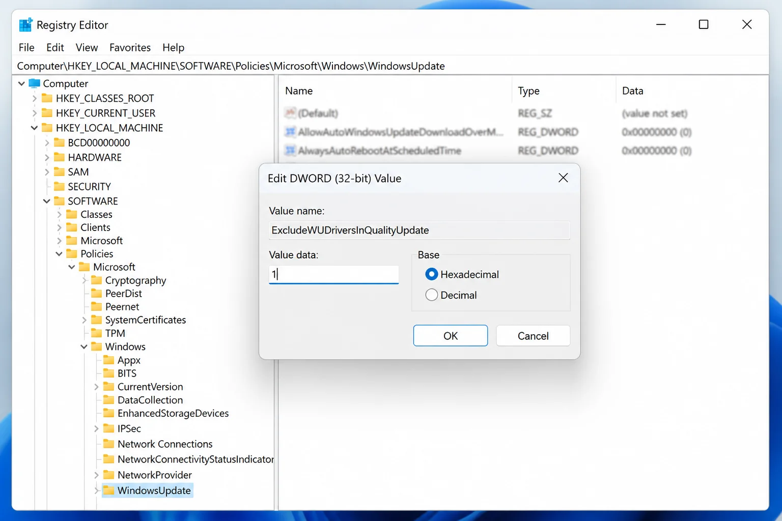 Edit DWORD (32-bit) Value dialog showing ExcludeWUDriversInQualityUpdate as the value name and 1 as the value data