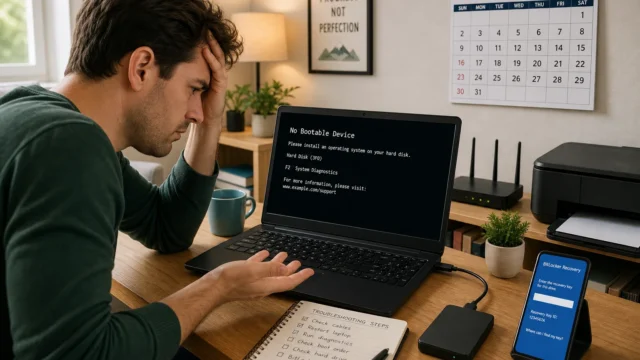 A man sits at a desk with his hand on his forehead, looking distressed at a laptop displaying a 'No Bootable Device' error message.