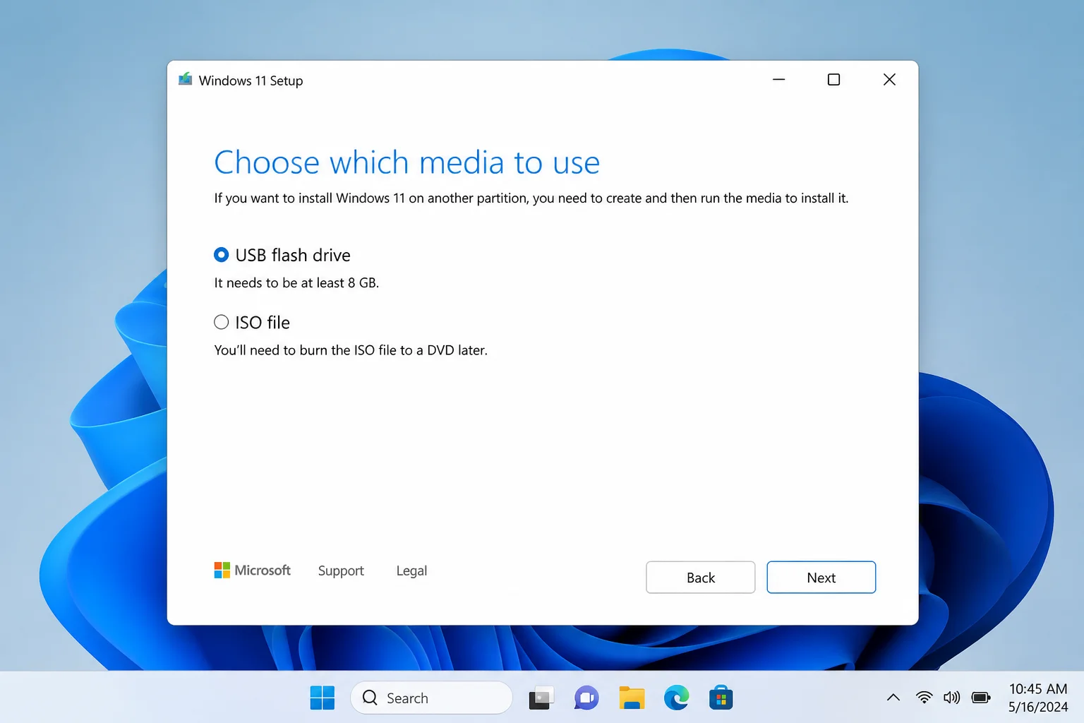 Windows 11 Media Creation Tool wizard showing "Create installation media (USB flash drive, DVD, or ISO file) for another PC" option selected