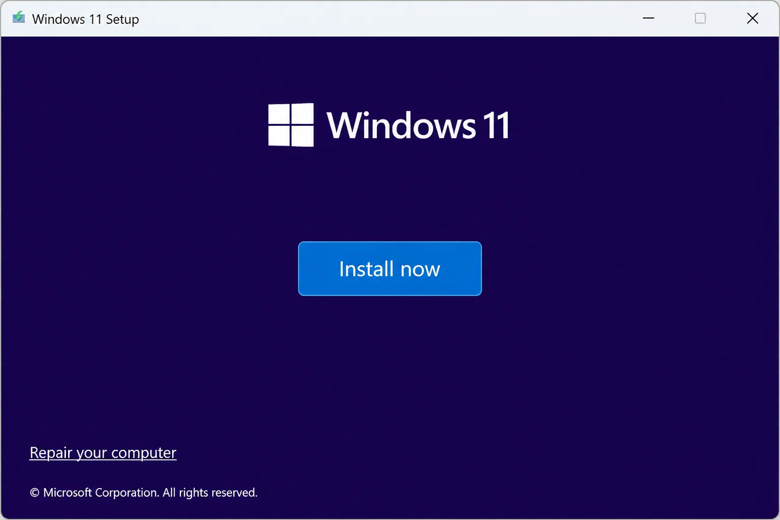 Windows 11 Setup screen with the "Repair your computer" link highlighted in the lower-left corner, clearly distinct from the "Install Now" button above it