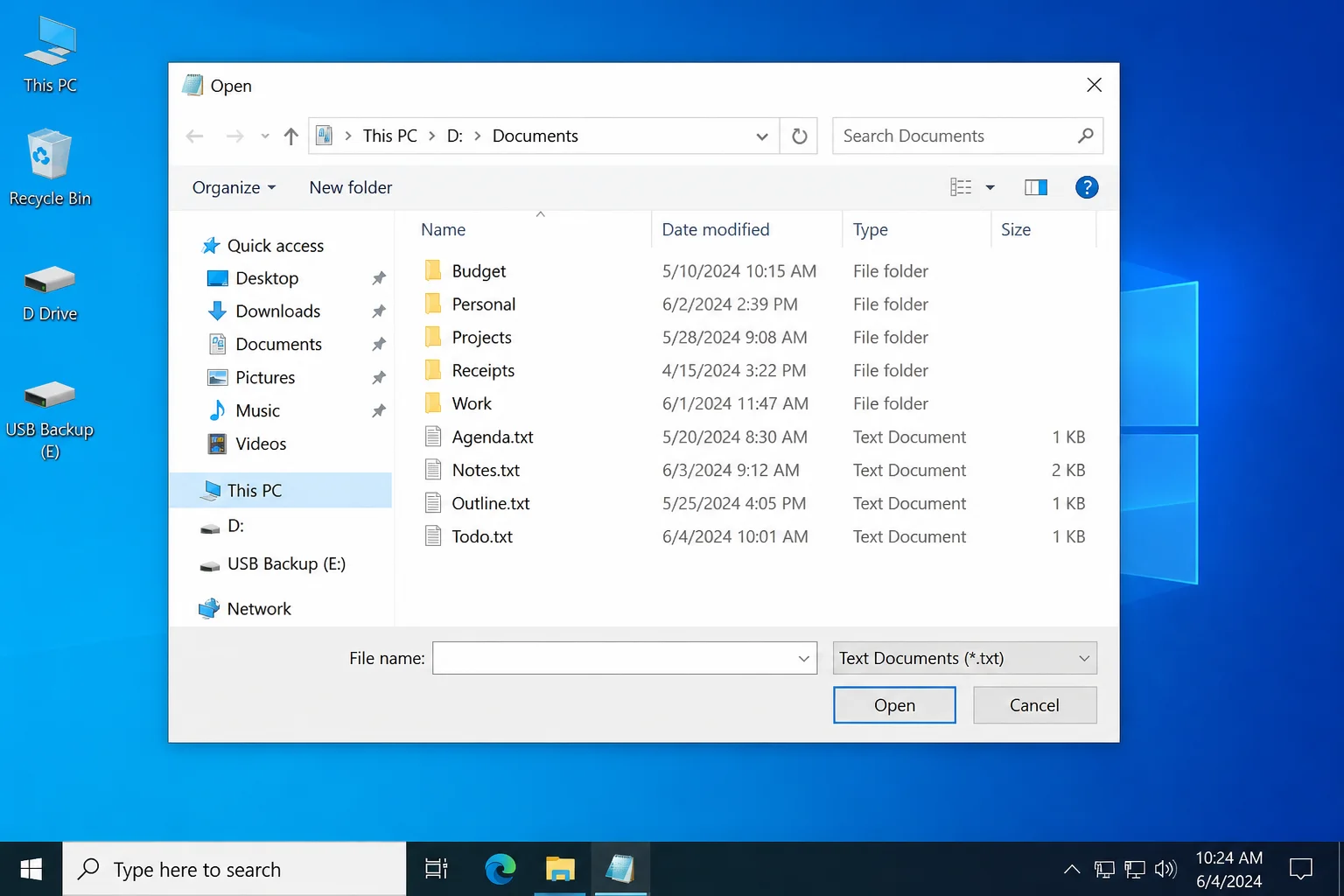Notepad's File > Open dialog acting as a file browser inside the Windows Recovery Environment, showing drive letters in the left panel including the Windows drive (labeled D: in WinRE)