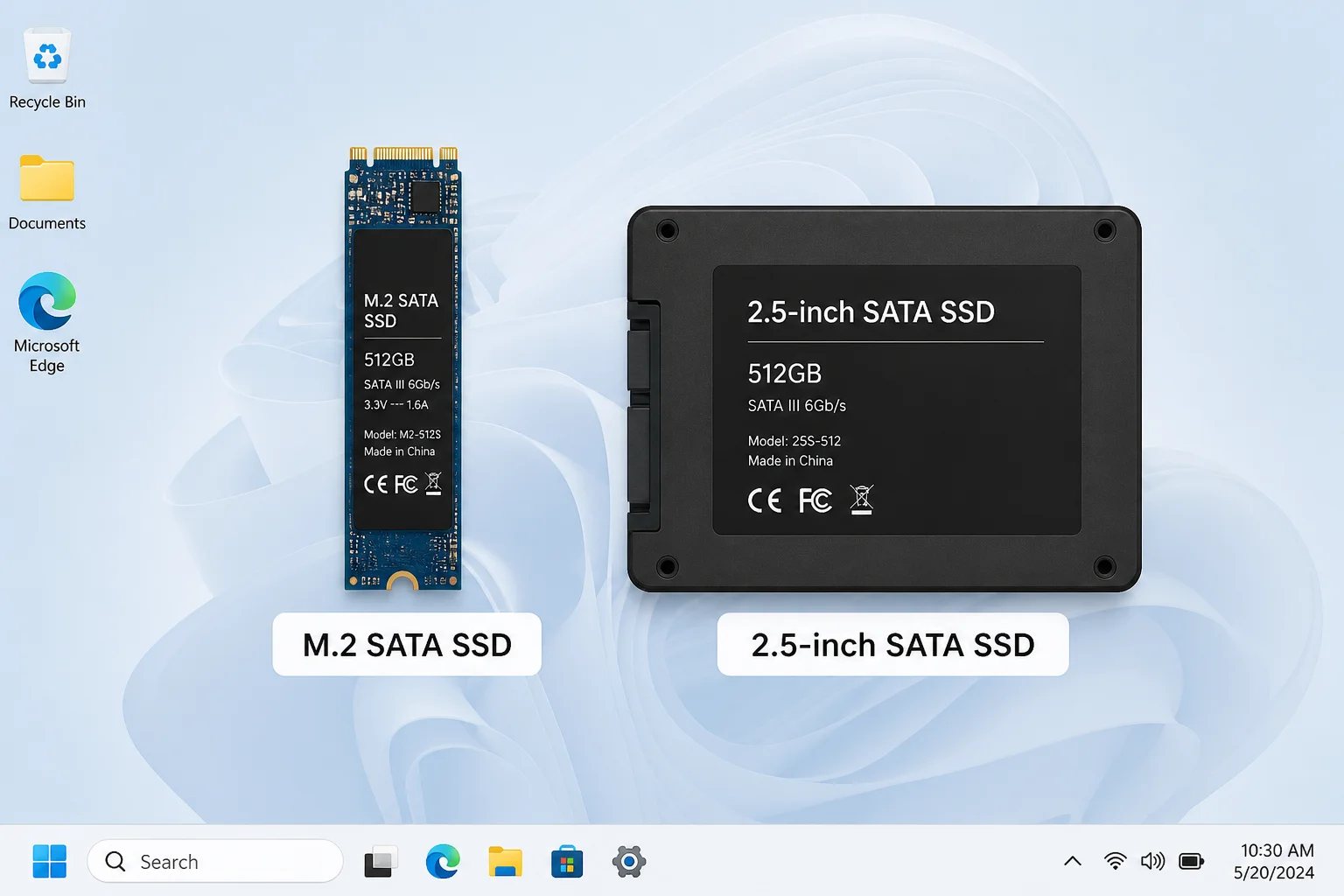 Side-by-side comparison of an M.2 NVMe SSD (small stick-shaped module) next to a 2.5" SATA SSD (larger rectangular slab)