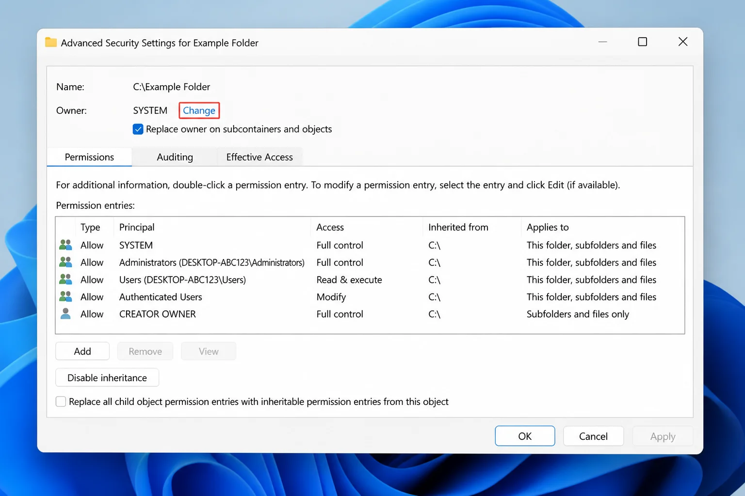 Windows 11 Advanced Security Settings dialog with the "Change" link next to the Owner field highlighted and the "Replace owner on subcontainers and objects" checkbox visible below it