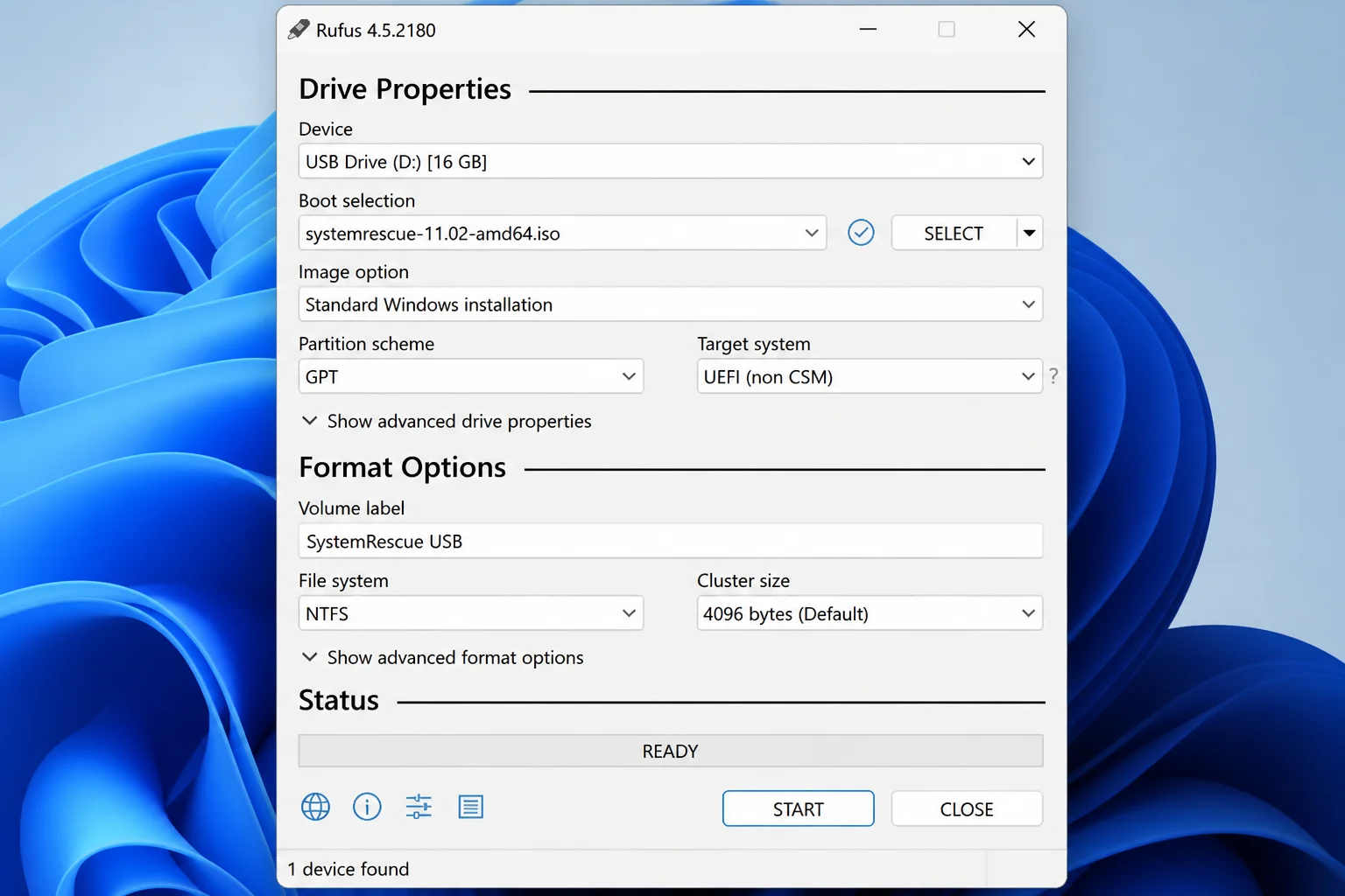 Rufus application with a SystemRescue ISO selected in the Boot selection field and a USB drive chosen as the destination device, ready to click Start