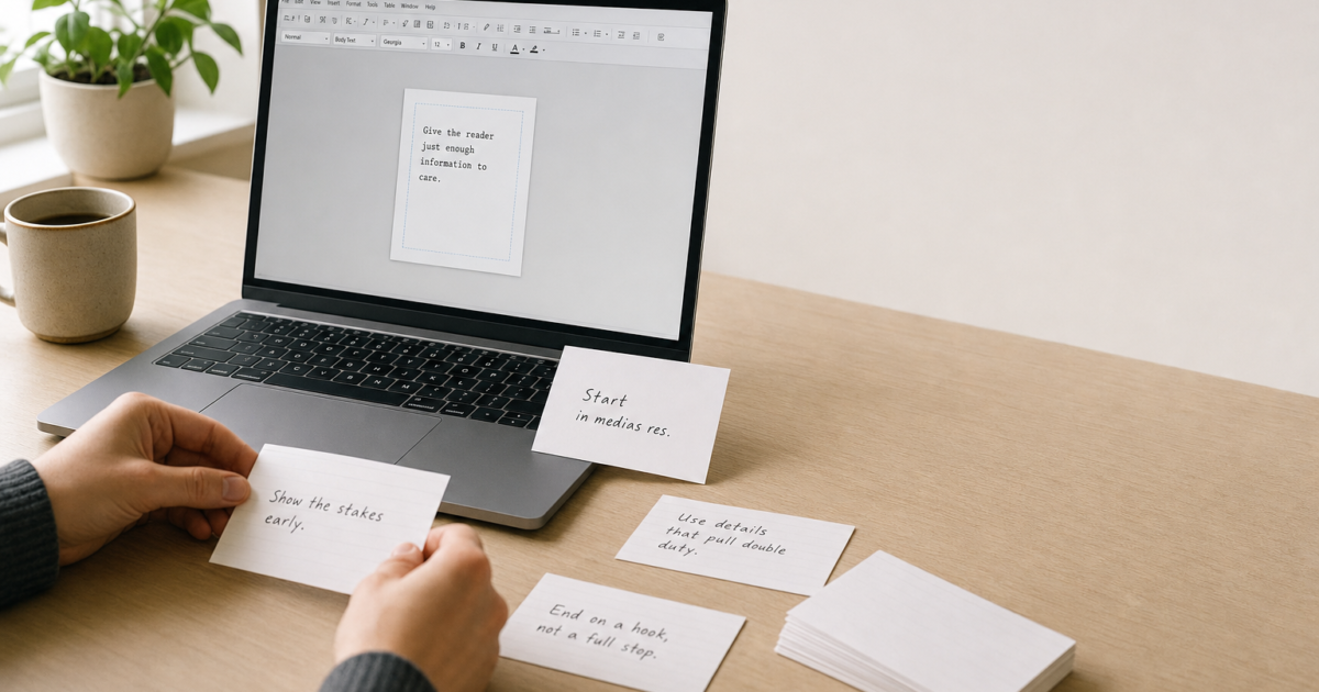 Story planning scene: person places cue cards with writing tips beside a laptop on a wooden desk, plant and coffee mug in view.