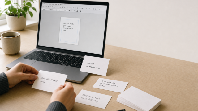 Story planning scene: person places cue cards with writing tips beside a laptop on a wooden desk, plant and coffee mug in view.