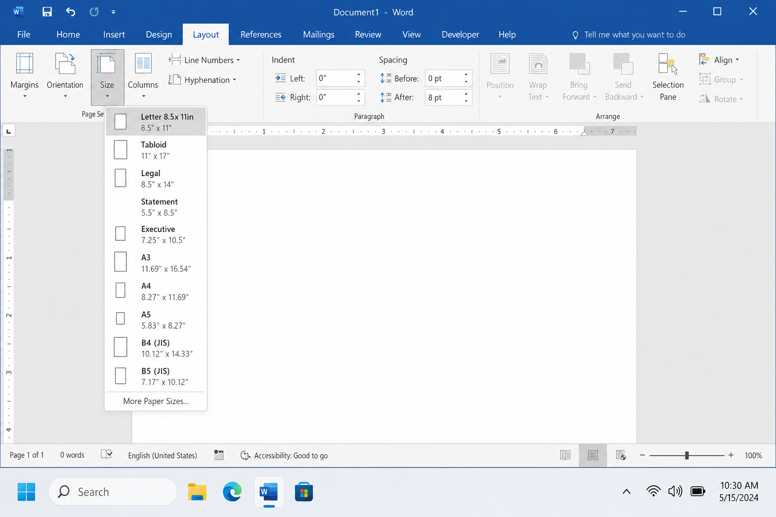 Word Layout tab with Size dropdown open, showing "More Paper Sizes" at the bottom of the list