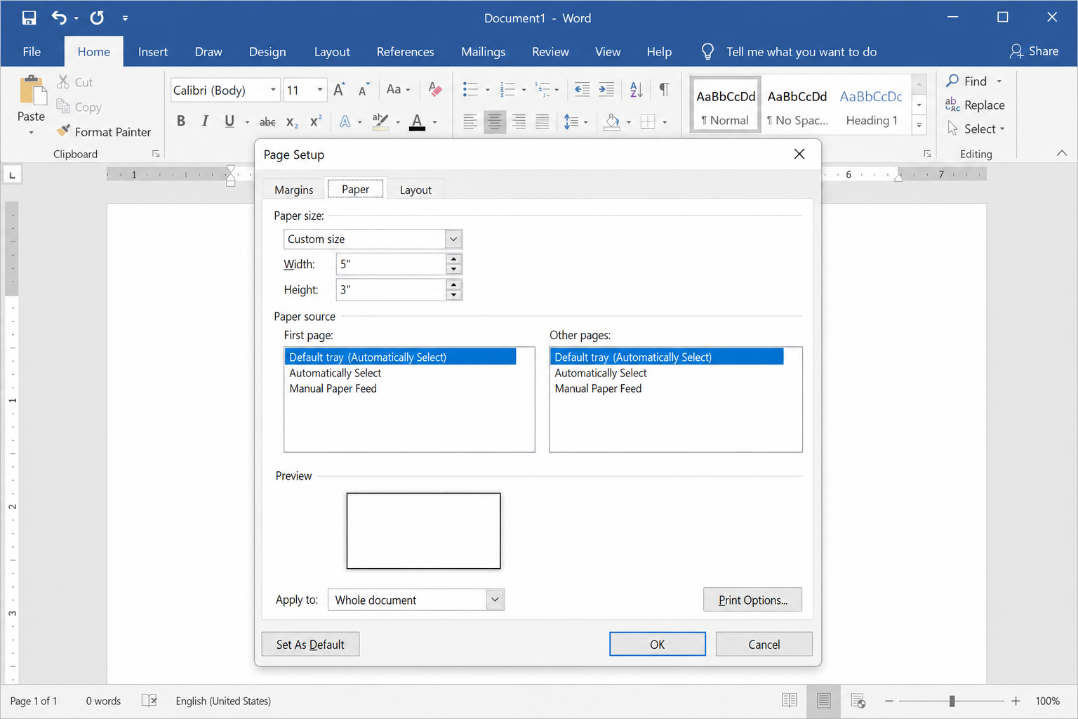 Word Page Setup dialog with Paper Size set to Custom Size, Width 5" and Height 3" entered, preview pane showing card