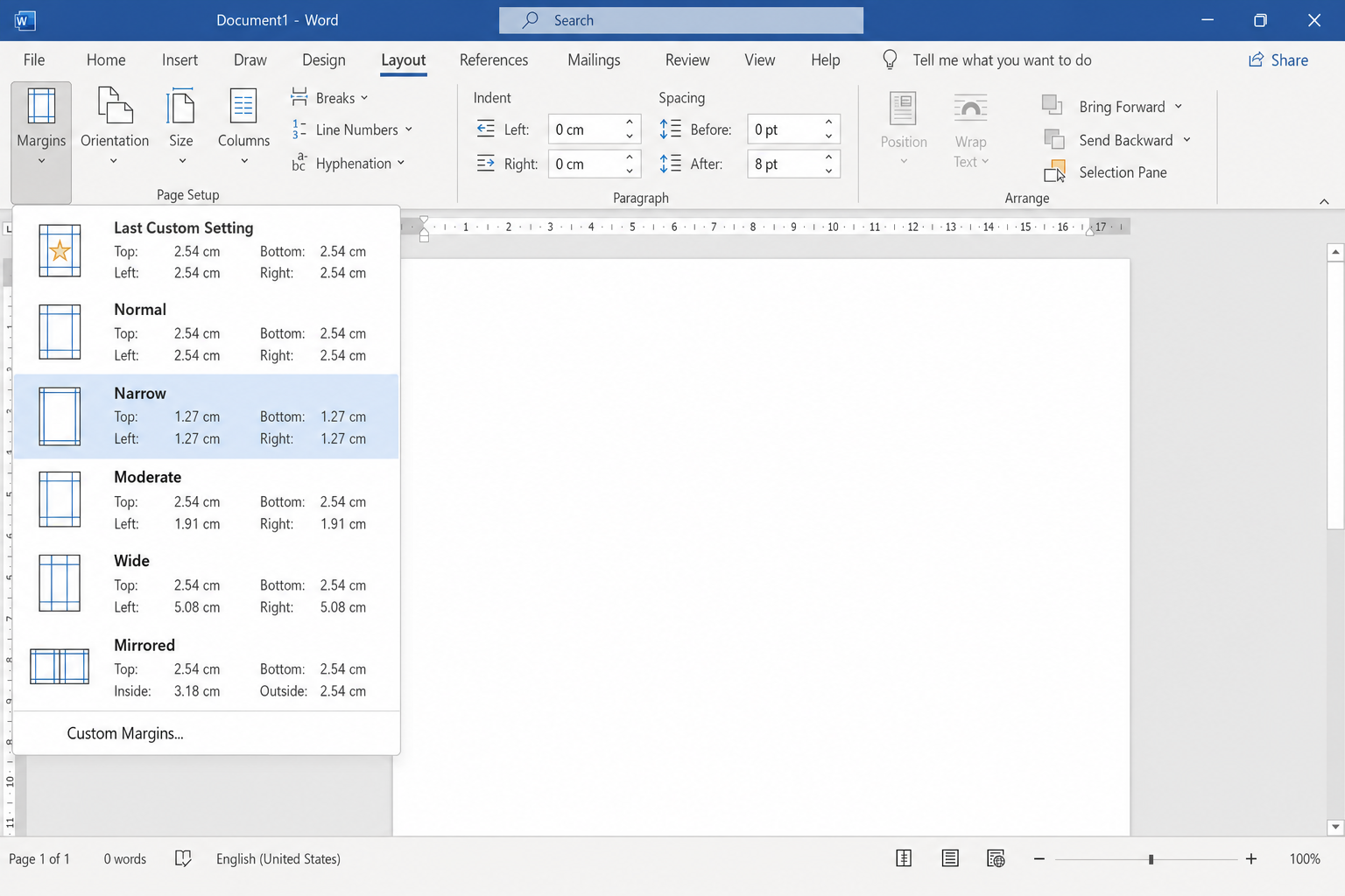 Word Layout tab with Margins dropdown open and "Narrow" option highlighted