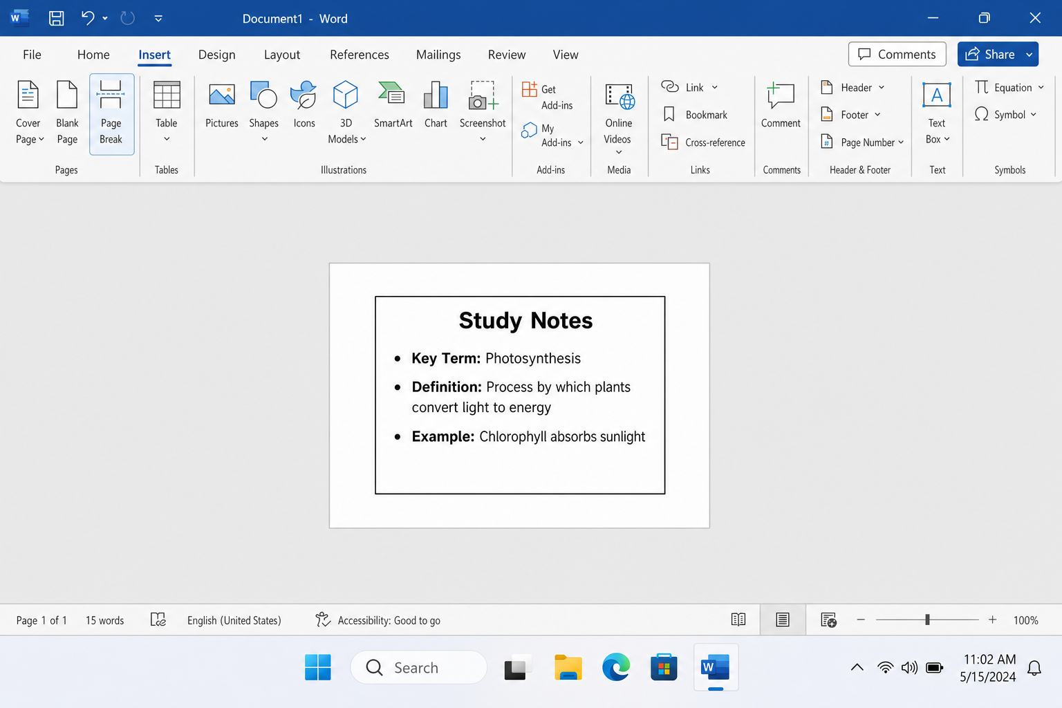 Word document showing a completed 3x5 index card with text, and the Insert tab with Page Break button visible