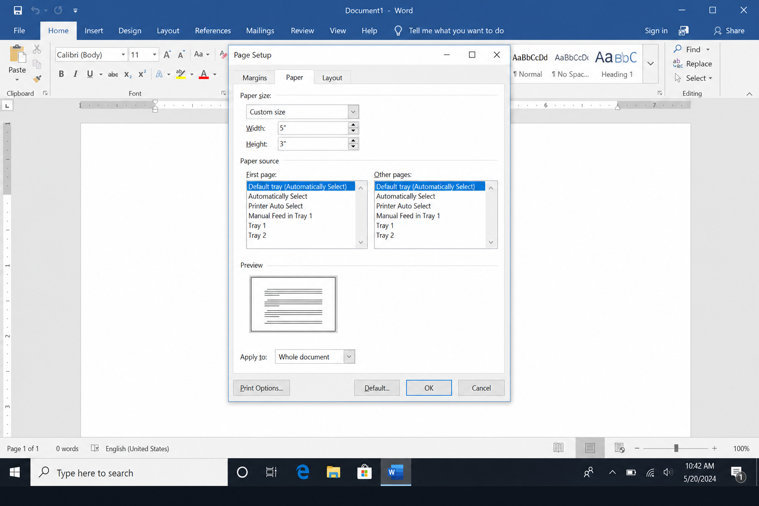 Word Print dialog showing custom paper size selected matching 3x5 index card dimensions