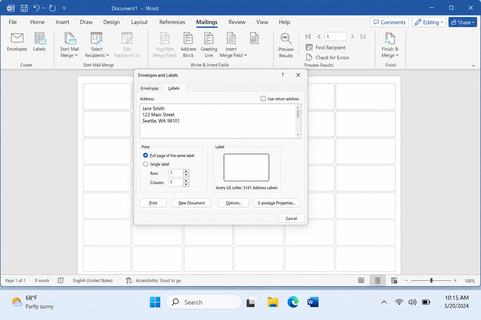 Word Mailings tab with Labels dialog open, showing Label Options button and a sheet of label-sized boxes in the generated