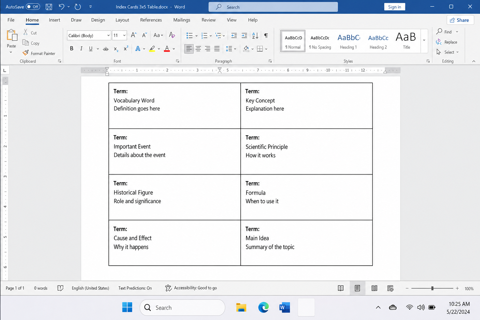 Word document with a 2-column table where each cell is sized to 3x5 index card dimensions, with borders visible and sample