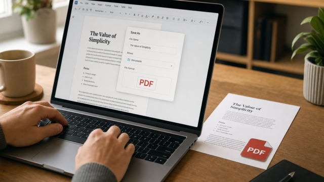 Laptop screen showing a document editor with a 'Save As' PDF dialog, while a printed PDF sits on the desk next to a mug and plant.