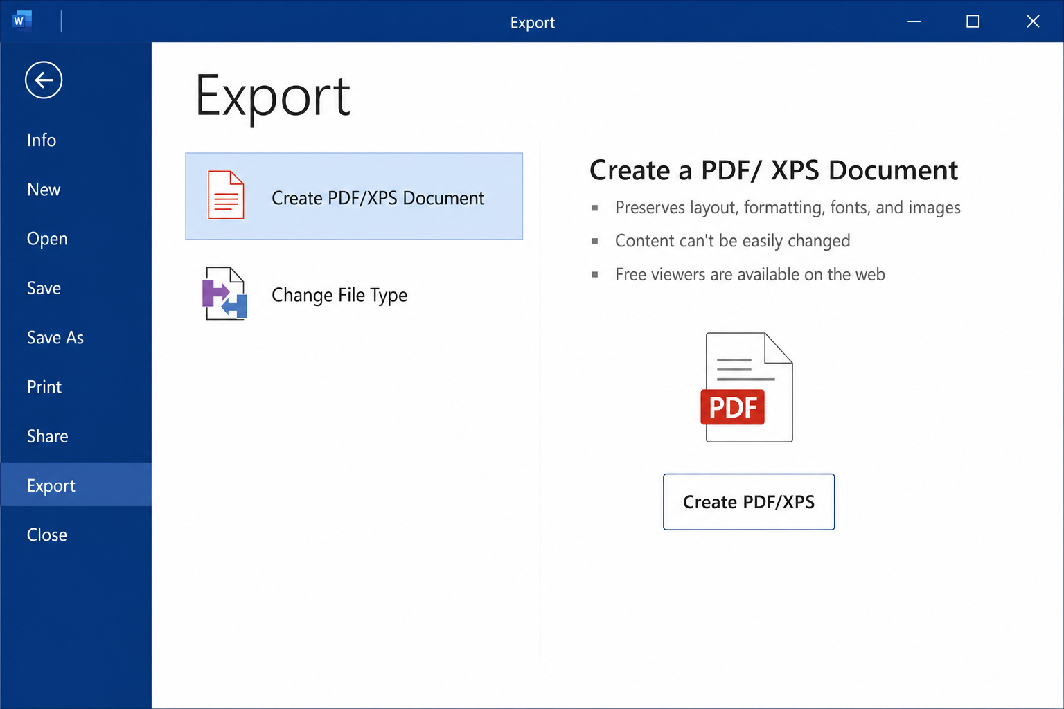 Word desktop app with File > Export selected and the "Create PDF/XPS" button visible on the right panel