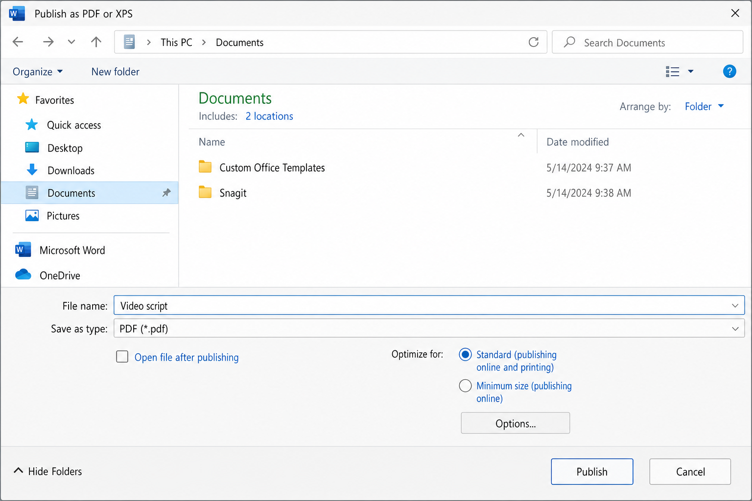 Word "Publish as PDF or XPS" Save As dialog showing Optimize for options and the Options button