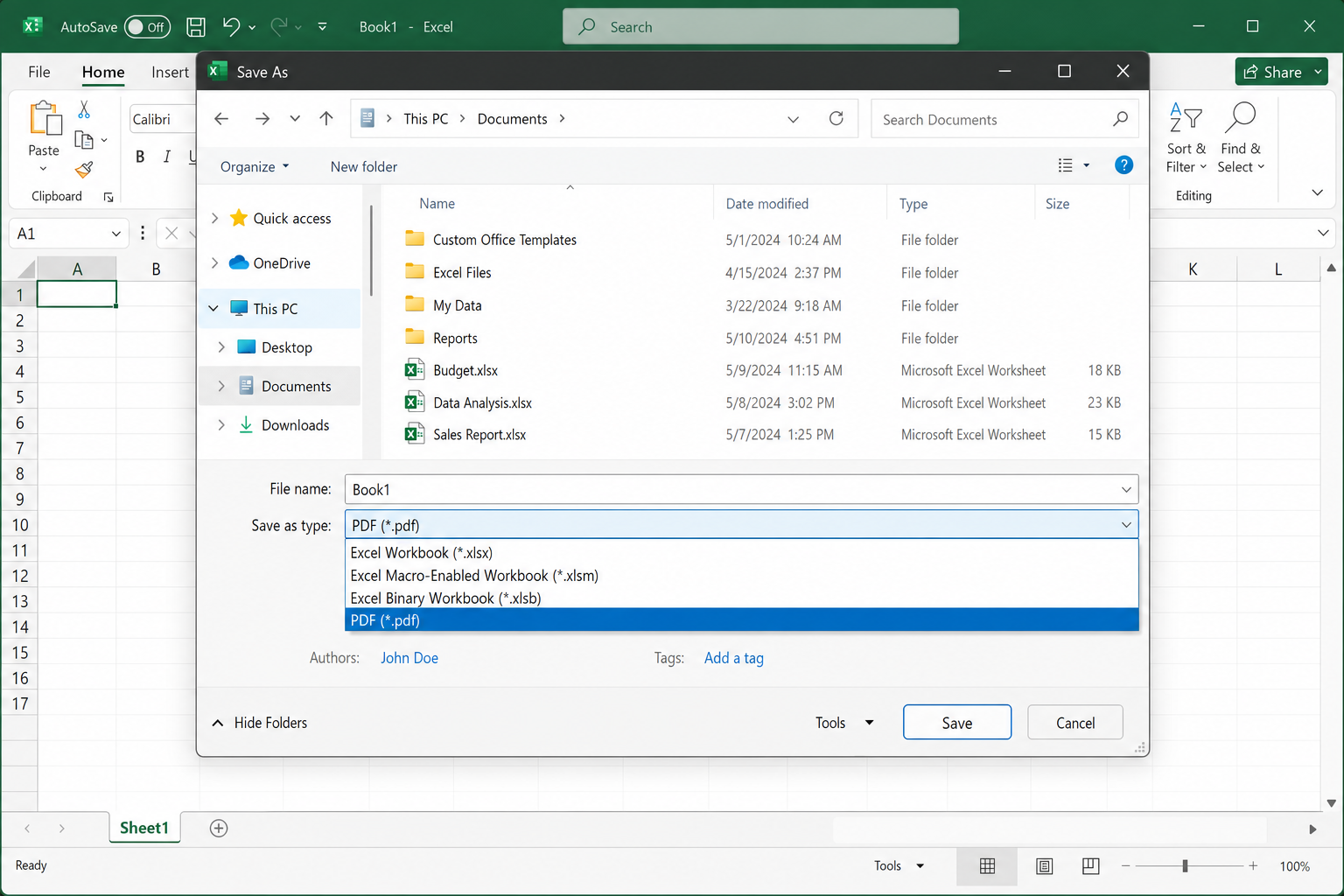 Excel Save As dialog with "PDF (*.pdf)" selected in the Save as type dropdown