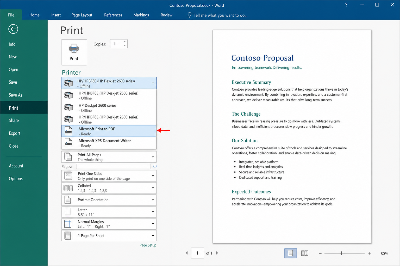 Word Print dialog with "Microsoft Print to PDF" selected in the Printer dropdown