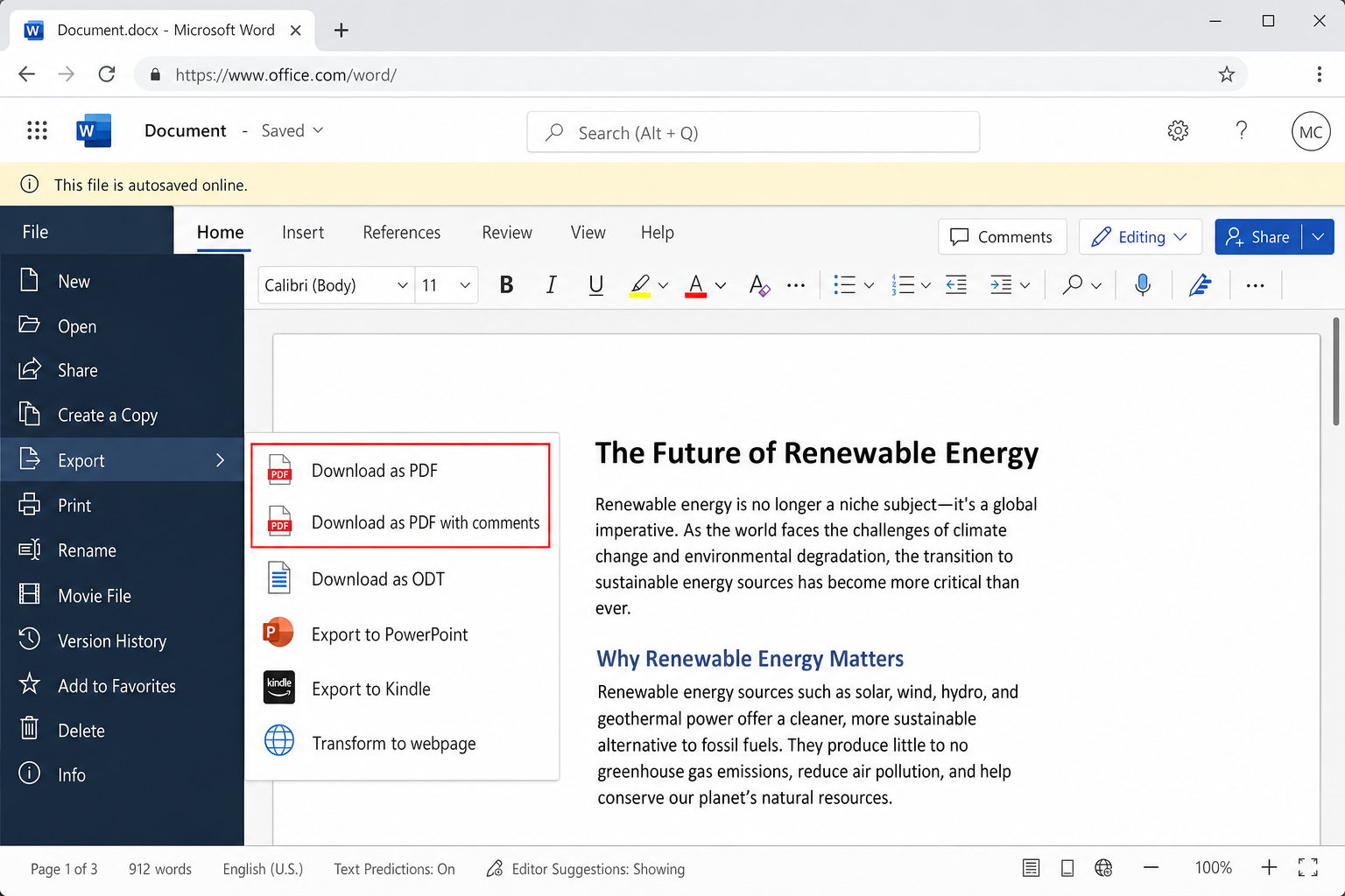 Word for the web File > Export menu showing "Download as PDF" and "Download as PDF with comments" options