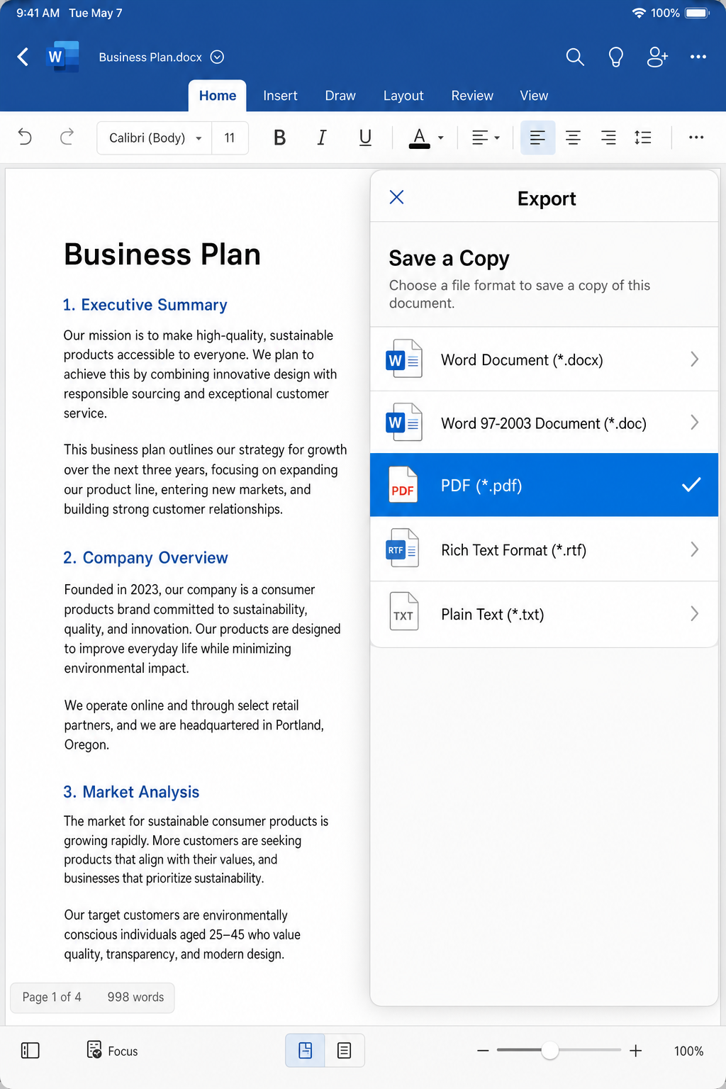 Word for iOS showing the Export menu with "PDF (*.pdf)" option highlighted