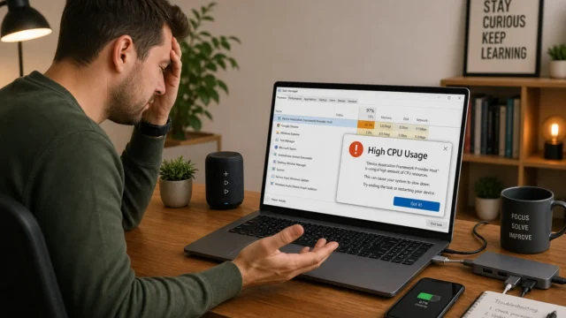Man seated at a wooden desk, hand on head, laptop screen shows a 'High CPU Usage' warning during a tech troubleshooting scene.
