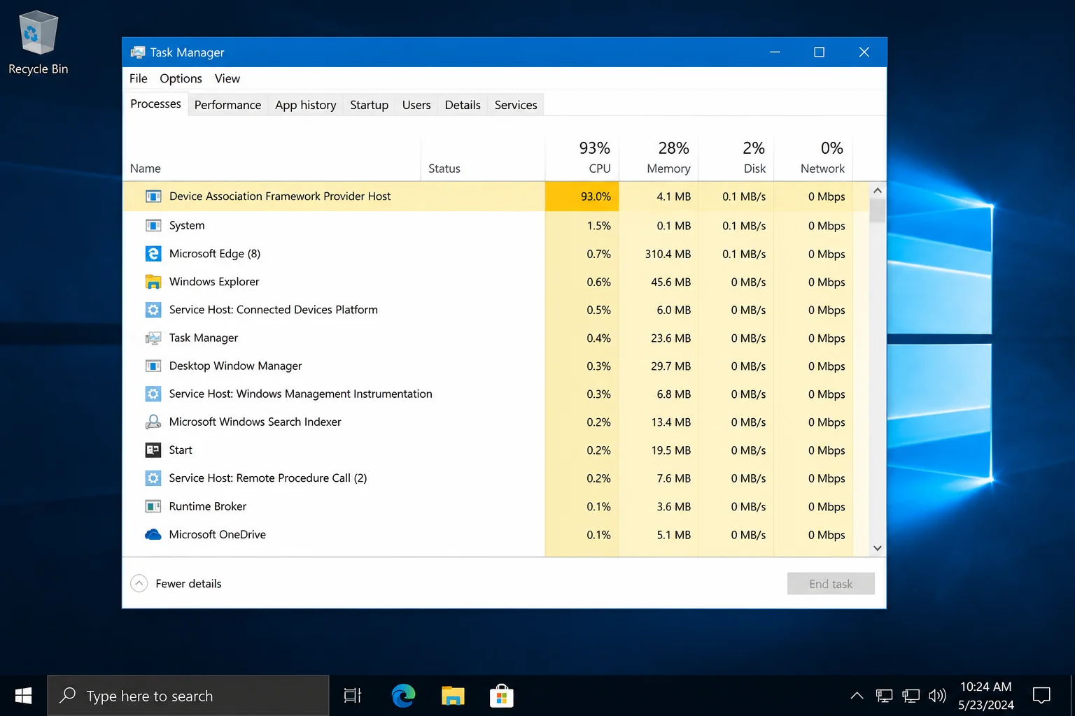 Task Manager Processes tab showing "Device Association Framework Provider Host" or "Service Host: Device Association Service" highlighted with a high CPU percentage such as 80–99%