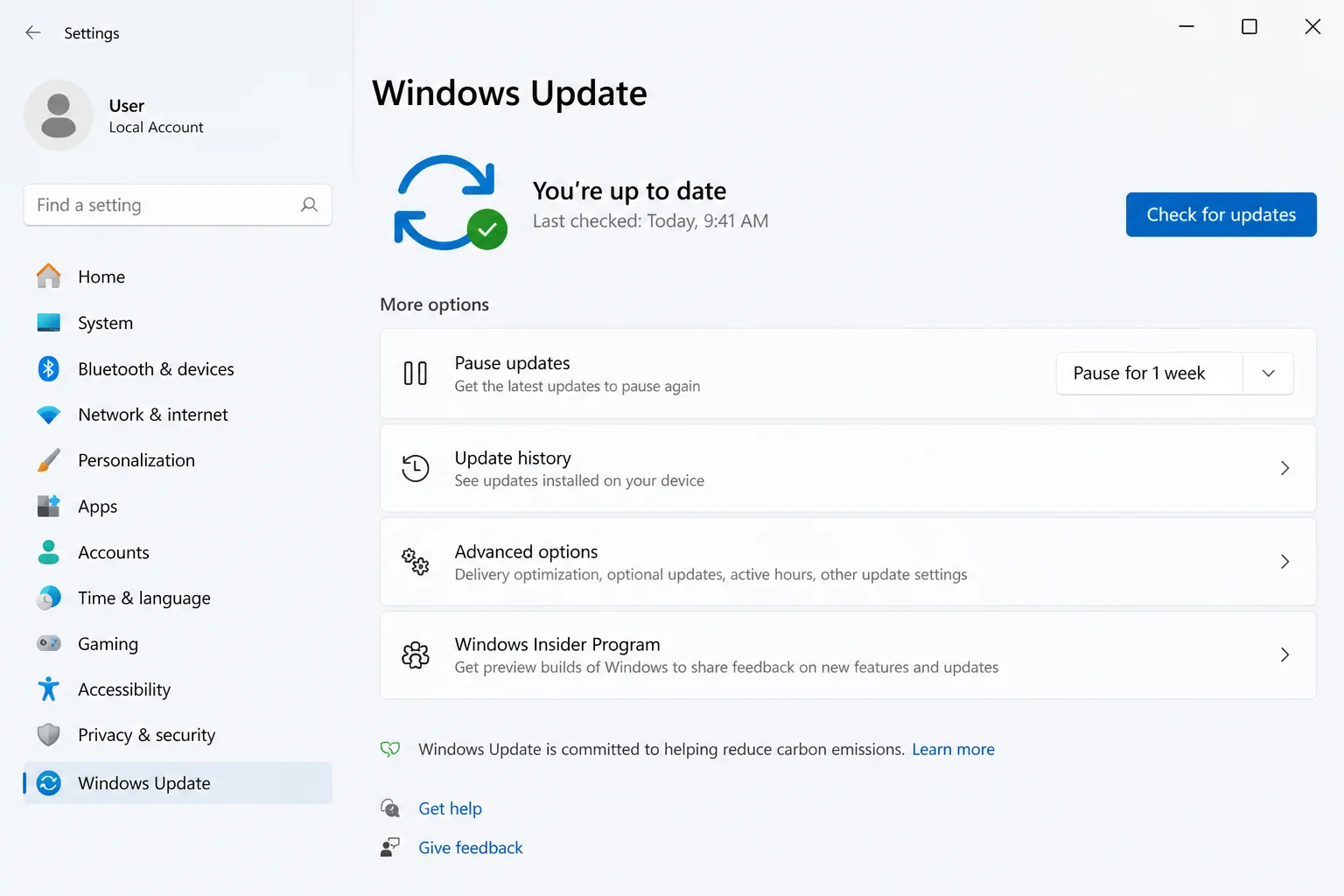 Windows 11 Settings open to the Windows Update page with the "Check for updates" button highlighted