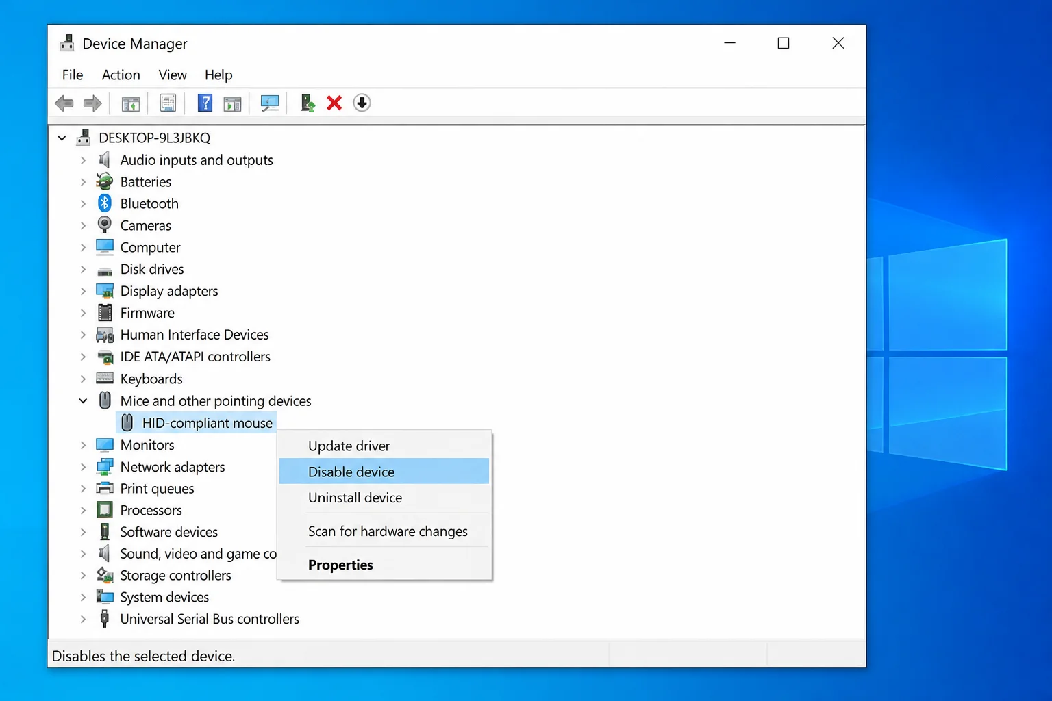 Device Manager right-click context menu on a problem device with "Disable device" option highlighted