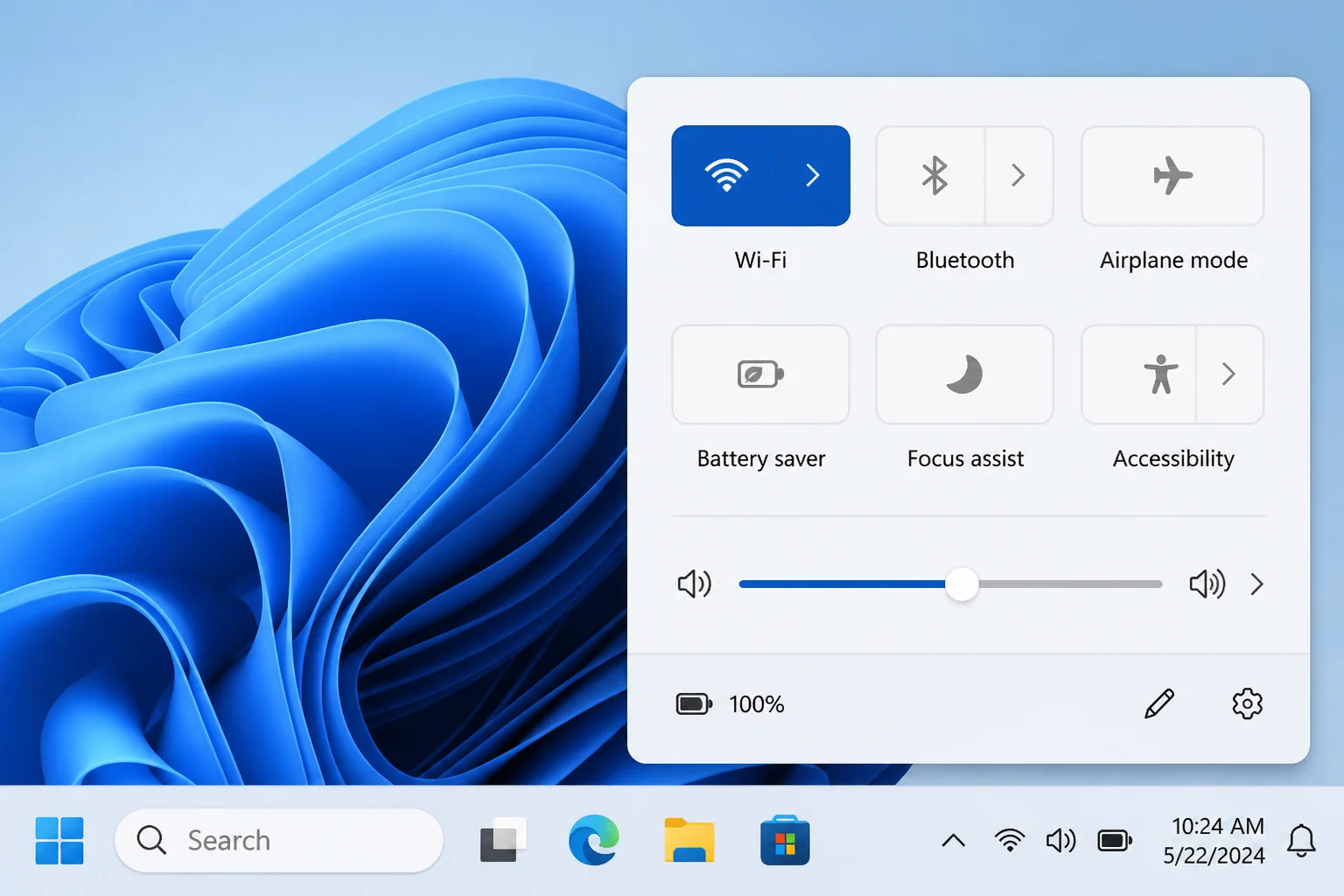 Windows 11 Quick Settings panel open from the system tray showing the Bluetooth toggle in the off position