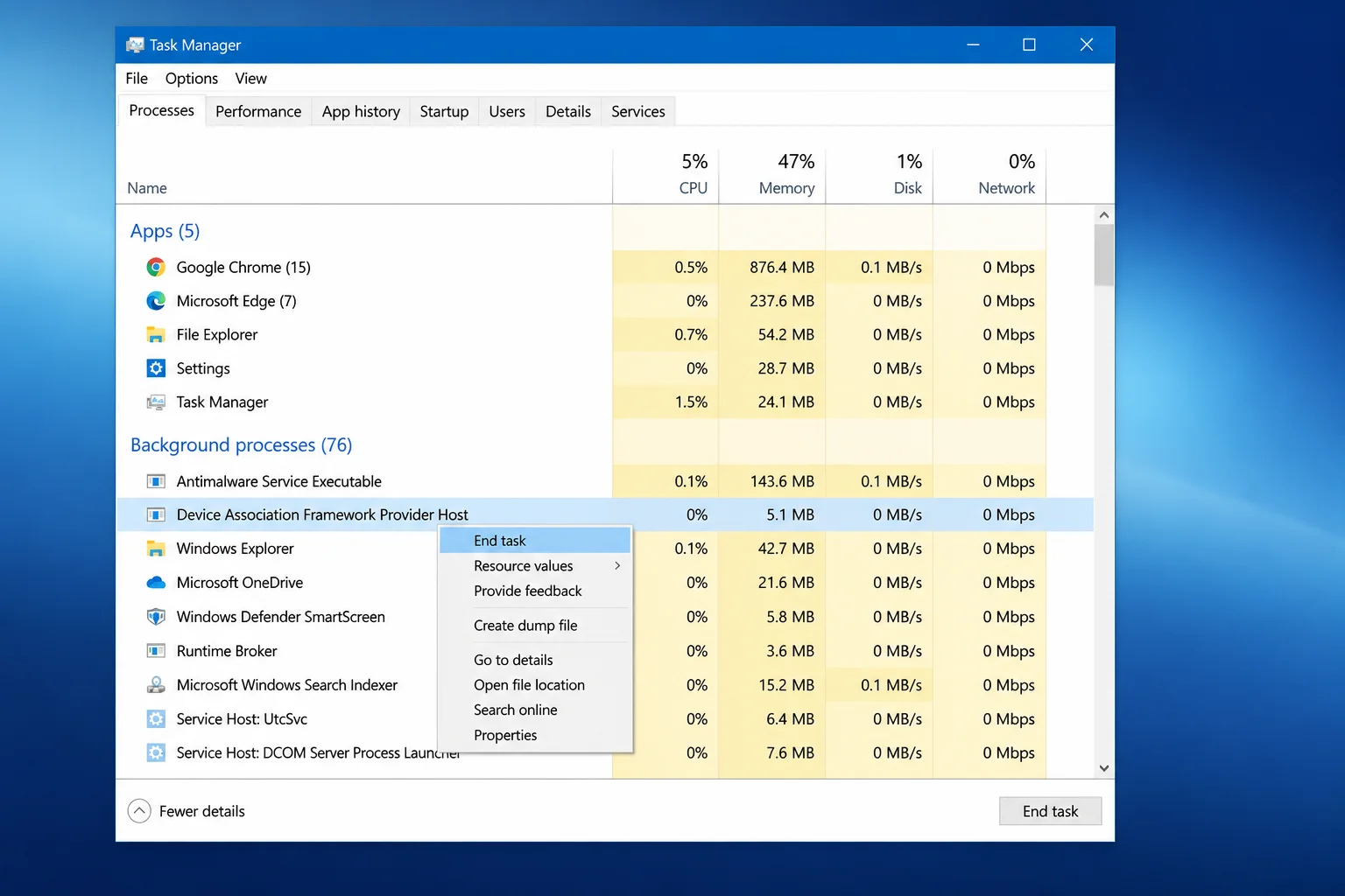 Task Manager Processes tab with "Device Association Framework Provider Host" highlighted, right-click context menu open with "End task" option visible