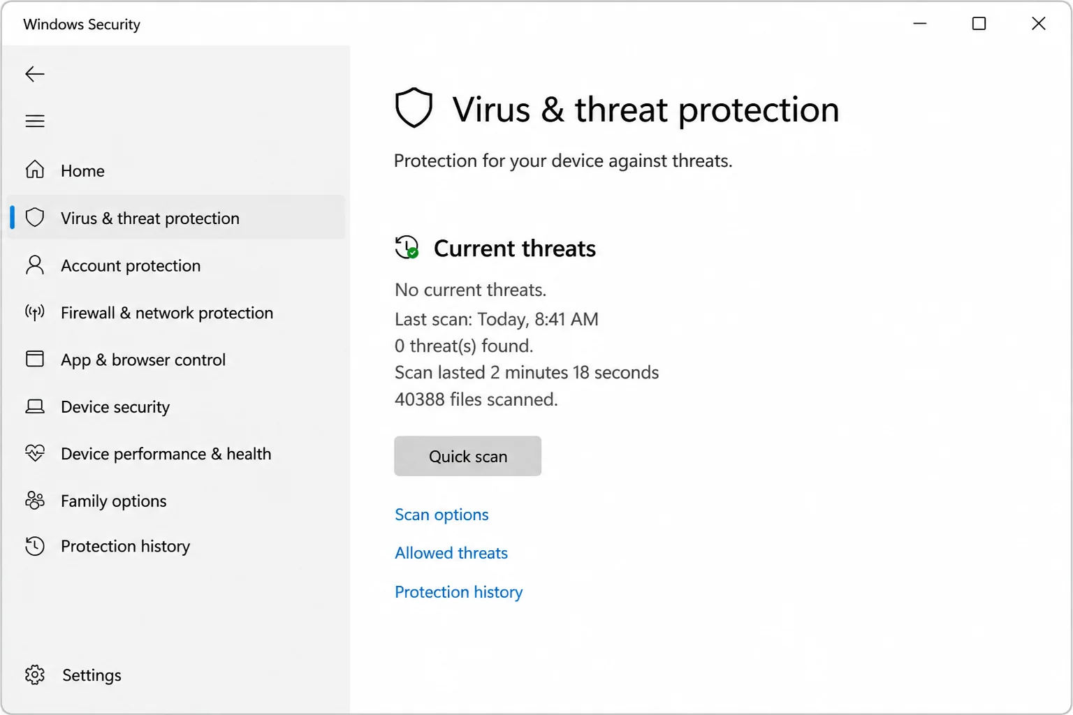 Windows Security app open to "Virus & threat protection > Scan options" with "Full scan" radio button selected and the "Scan now" button visible
