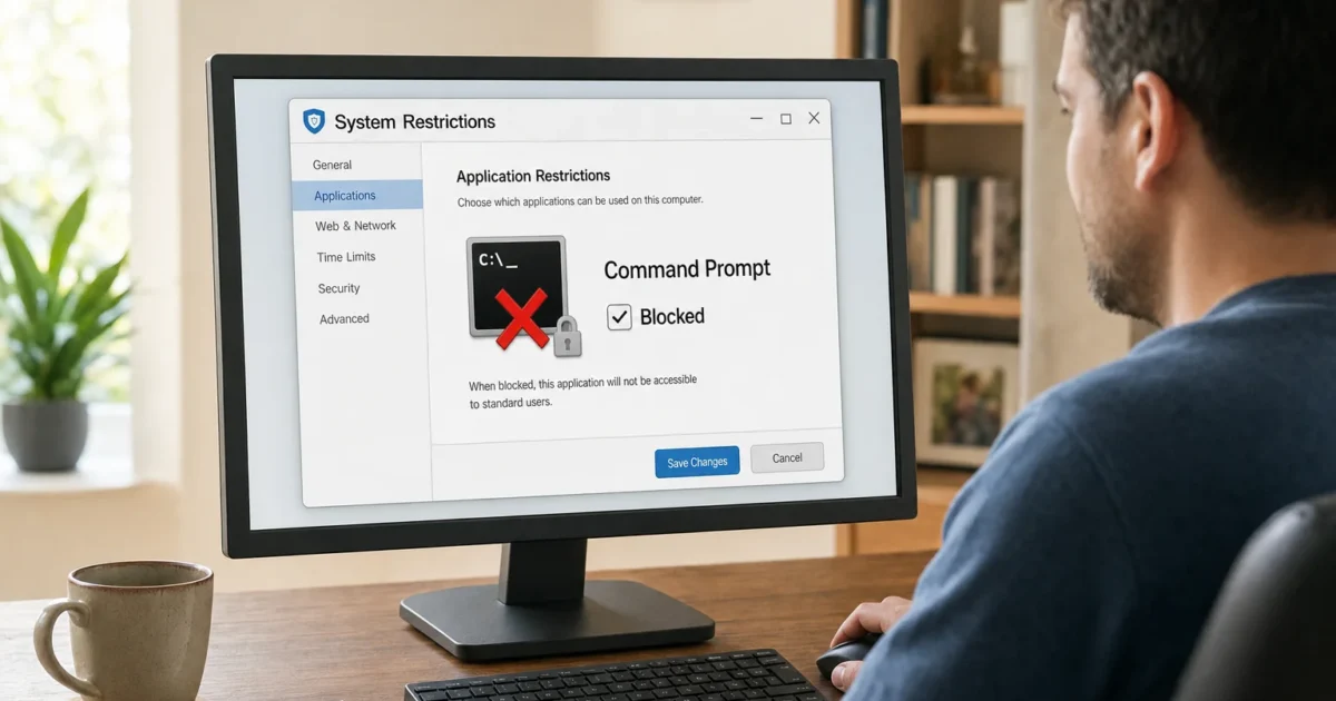 Person viewing a computer screen showing a System Restrictions window with Applications tab selected and Command Prompt blocked (blocked icon).