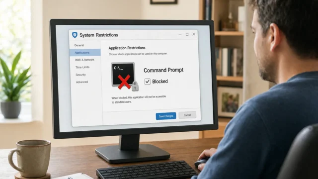 Person viewing a computer screen showing a System Restrictions window with Applications tab selected and Command Prompt blocked (blocked icon).