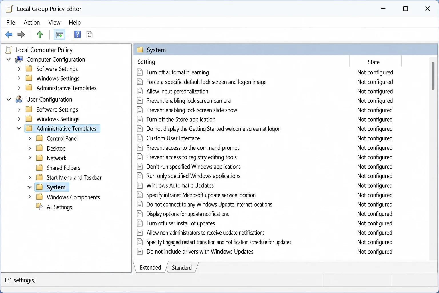 Local Group Policy Editor on Windows 11 with User Configuration > Administrative Templates > System selected in the left pane