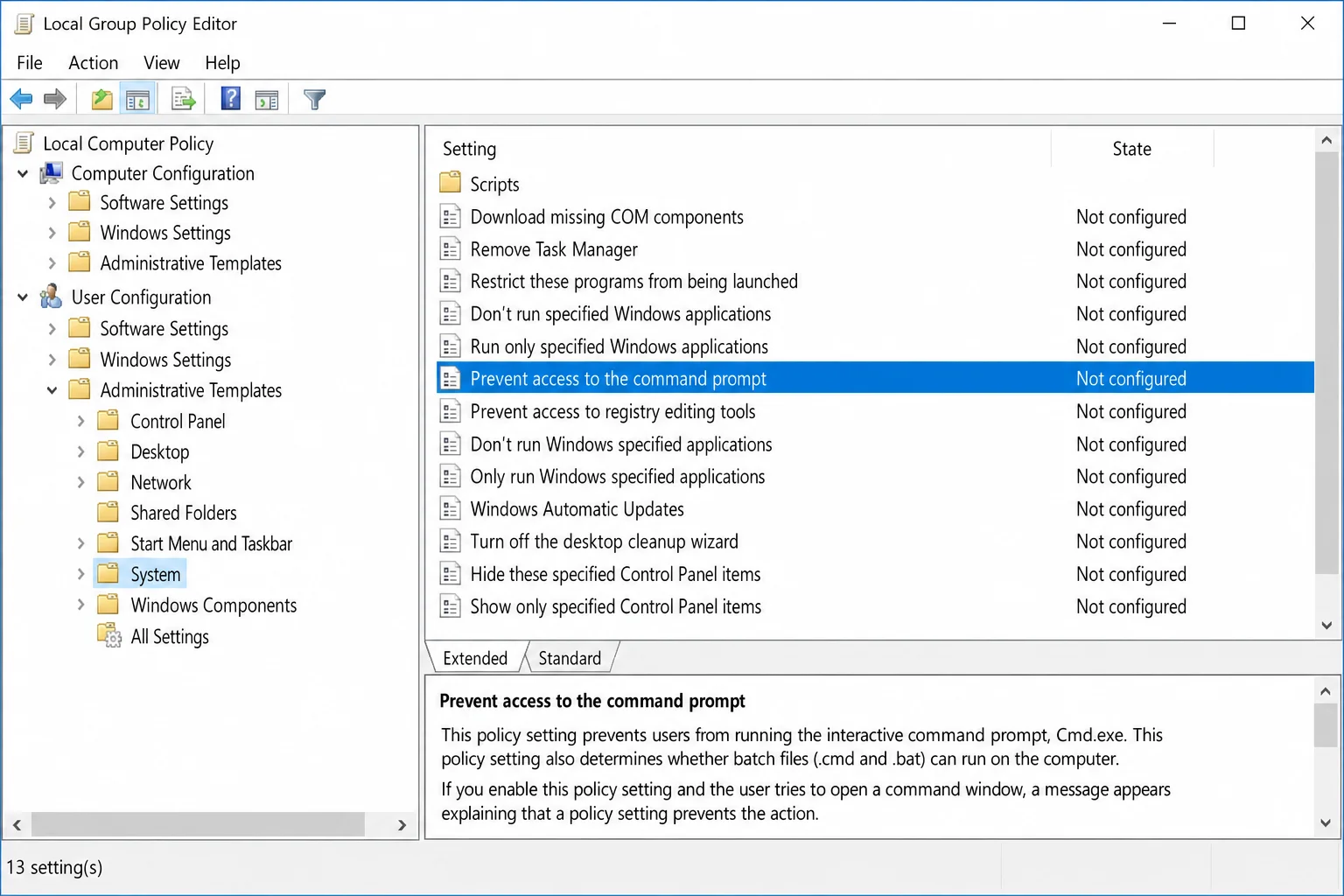 Local Group Policy Editor right pane showing the "Prevent access to the command prompt" policy entry highlighted