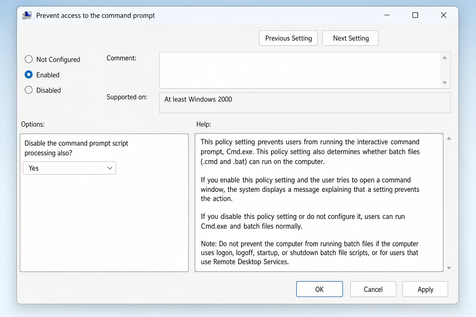 Prevent access to the command prompt policy dialog on Windows 11 with Enabled selected and the script processing dropdown visible