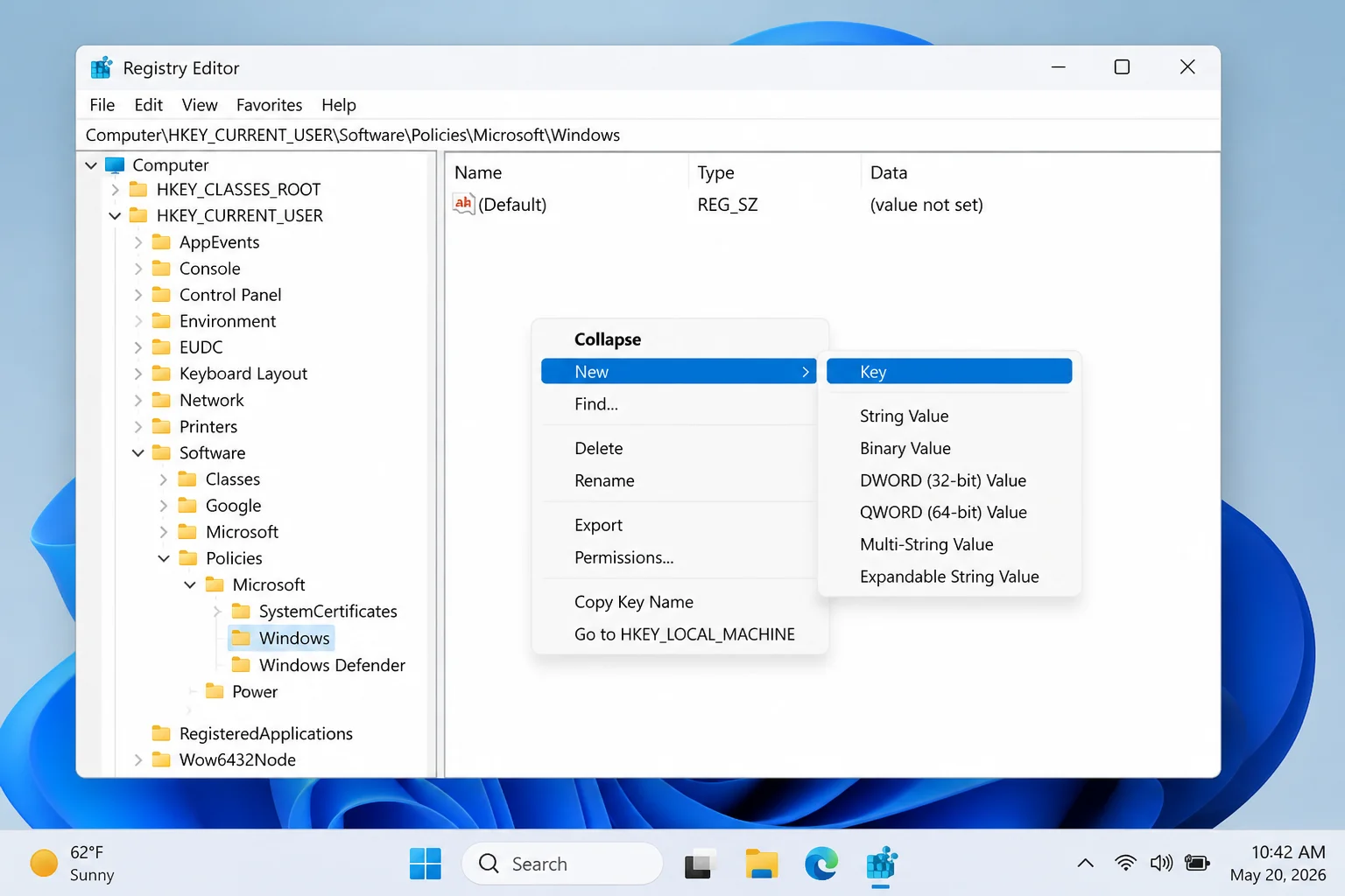 Registry Editor on Windows 11 showing HKEY_CURRENT_USER\Software\Policies\Microsoft\Windows with right-click menu open and New > Key highlighted