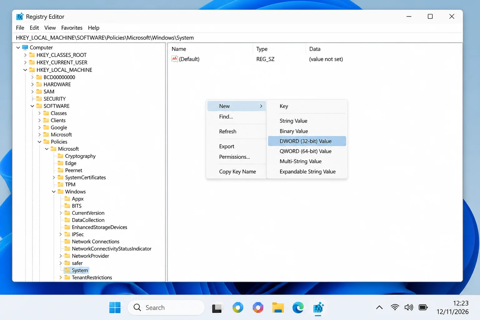 Registry Editor right pane showing New > DWORD (32-bit) Value being created under the System key