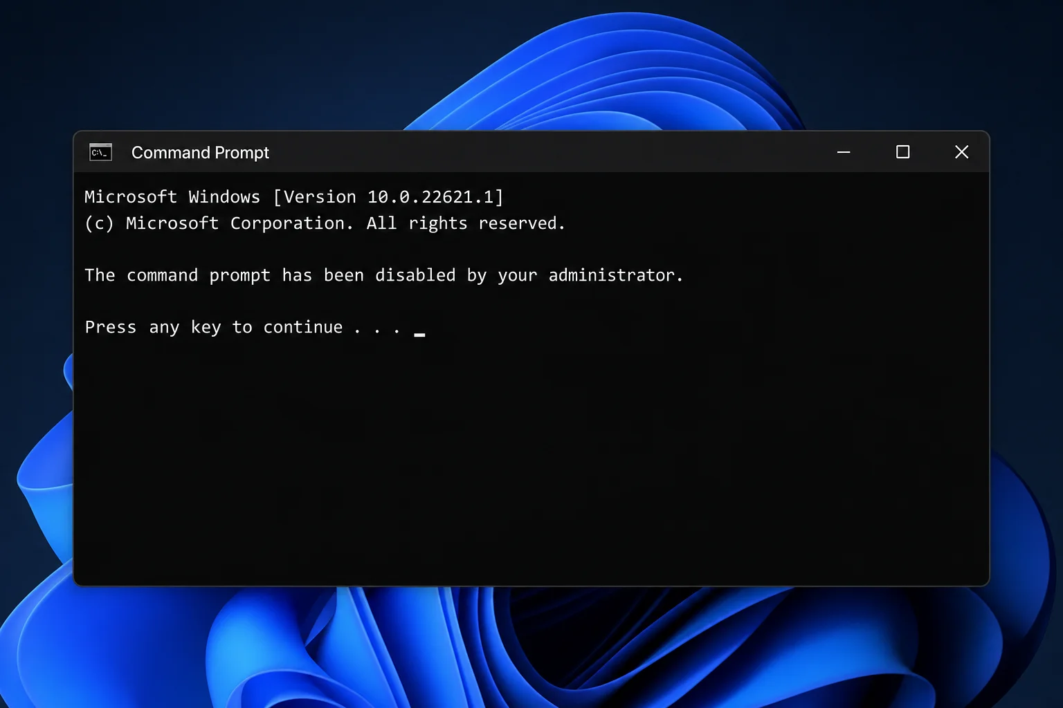 Command Prompt window on Windows 11 showing the "The command prompt has been disabled by your administrator" error message