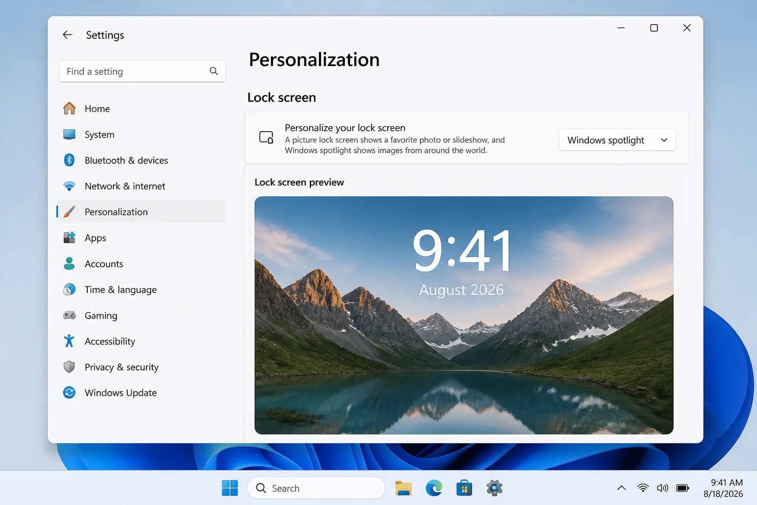Settings app open to Personalization > Lock screen page, showing the "Personalize your lock screen" dropdown currently set to Windows spotlight