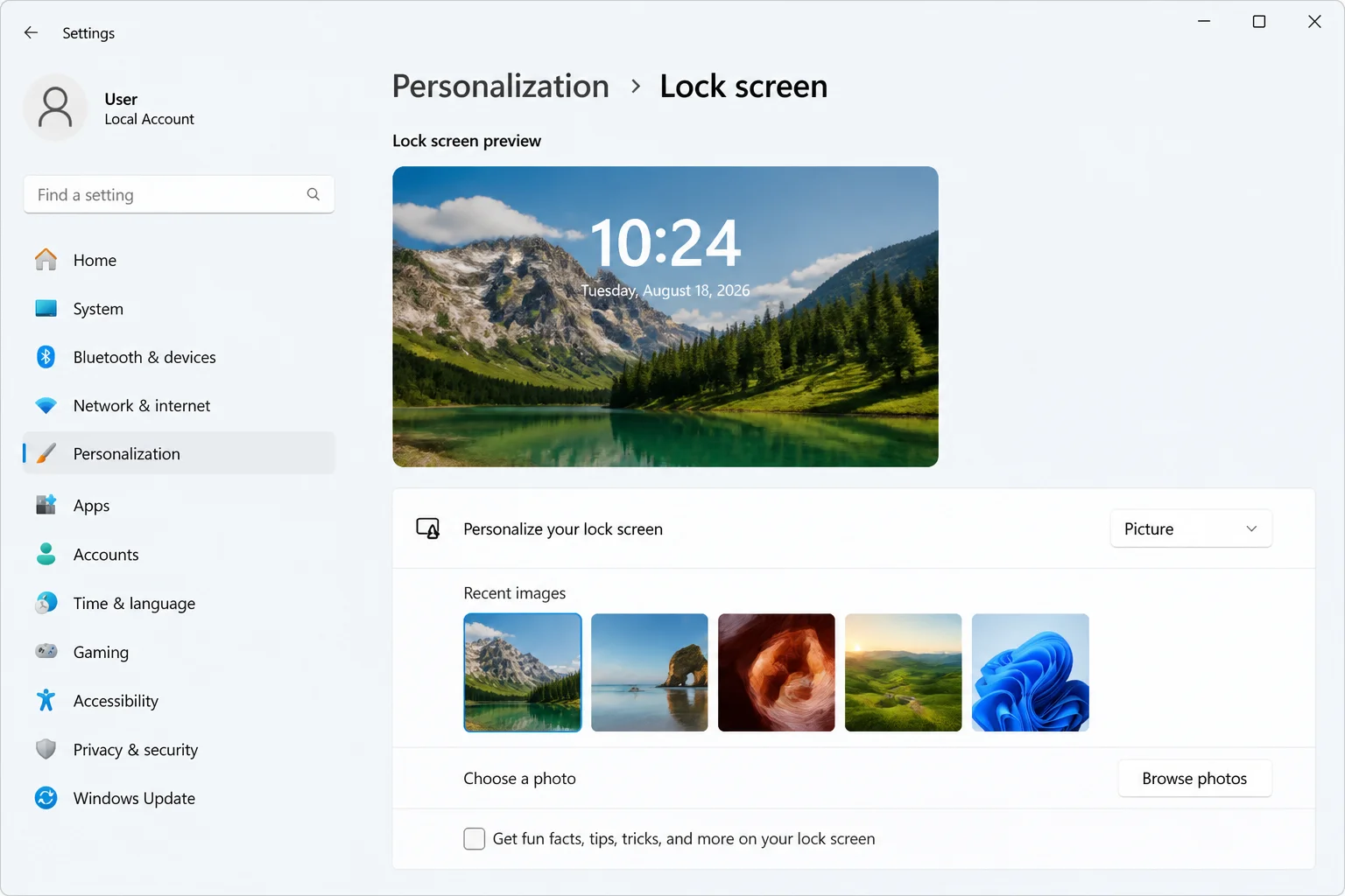 Lock screen settings page with Picture selected and the "Get fun facts, tips, tricks, and more on your lock screen" checkbox visible and unchecked