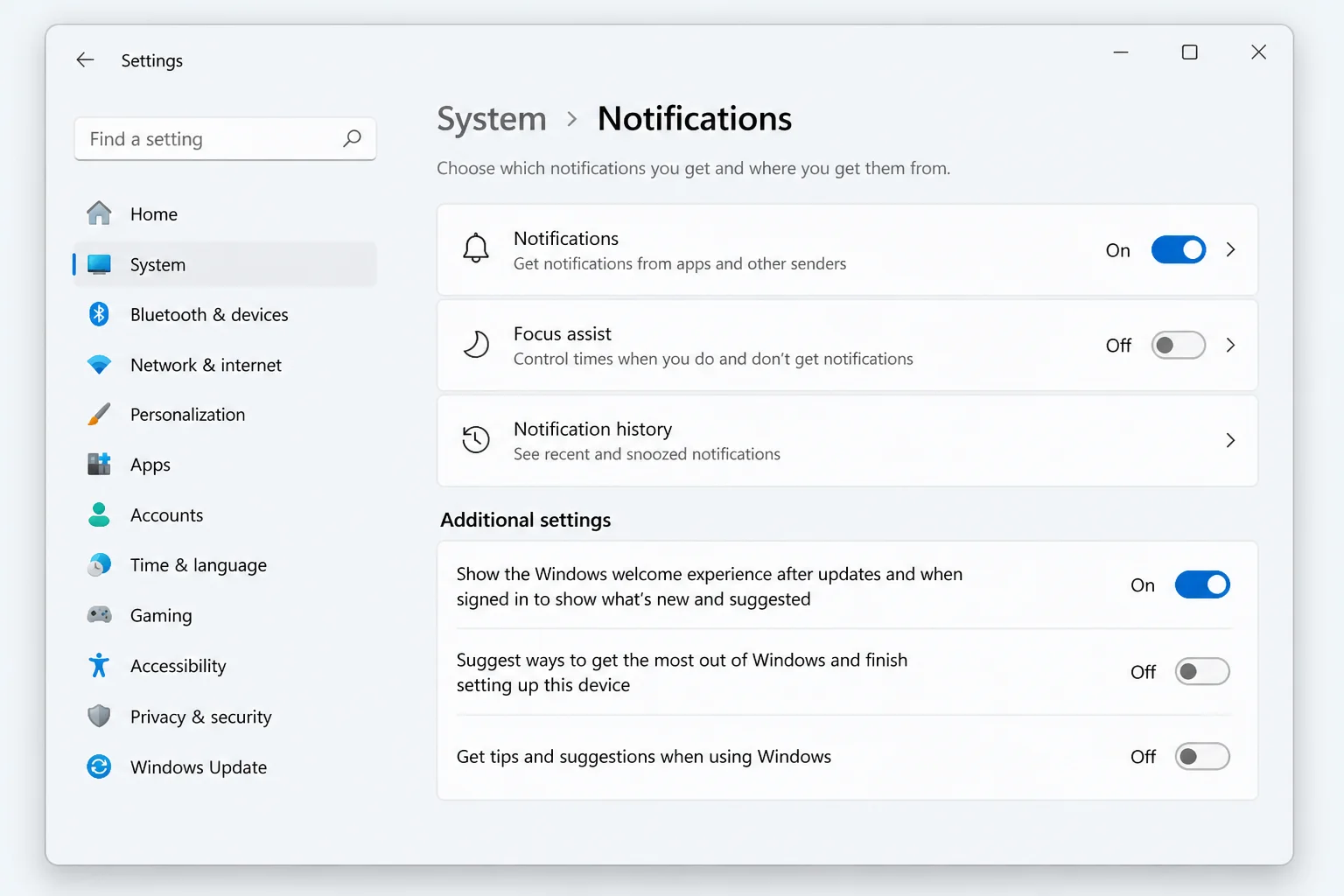 System > Notifications > Additional settings panel showing toggles for Show the Windows welcome experience, Suggest ways to get the most out of Windows, and Get tips and suggestions when using Windows