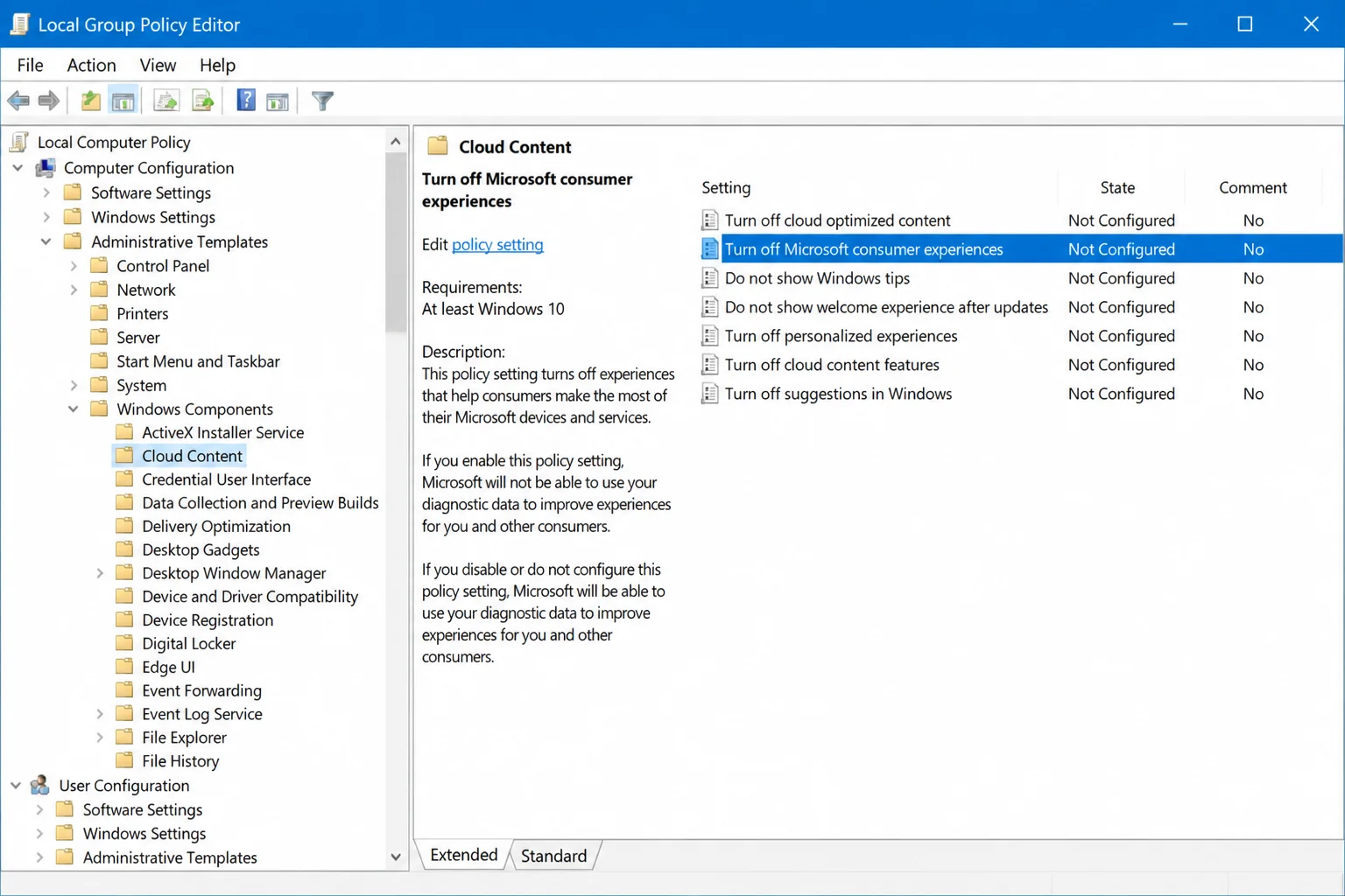 Local Group Policy Editor window with the Cloud Content folder selected under Windows Components, showing the "Turn off Microsoft consumer experiences" policy in the list