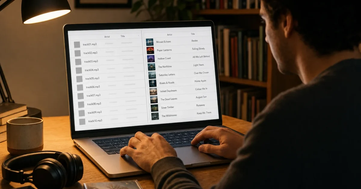 Person at a wooden desk typing on a laptop that shows a two-column music library with tracks and artists on screen, headphones nearby and a desk lamp lit.