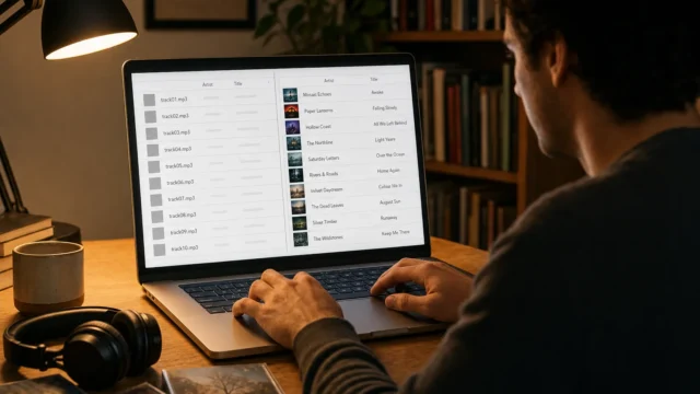 Person at a wooden desk typing on a laptop that shows a two-column music library with tracks and artists on screen, headphones nearby and a desk lamp lit.