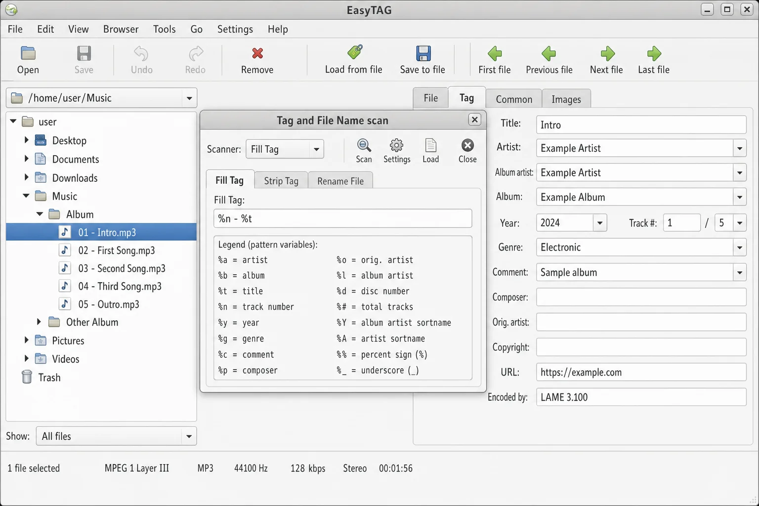 EasyTAG Scanner > Fill Tag(s) dialog showing a pattern input field where the user defines the filename structure, for