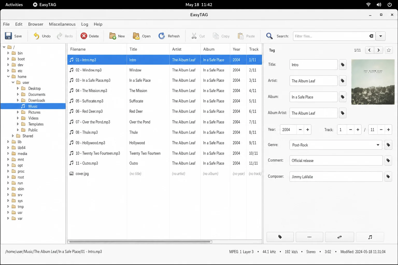 EasyTAG main window showing the three-panel layout — folder tree on the left, file list in the center, tag editor panel on