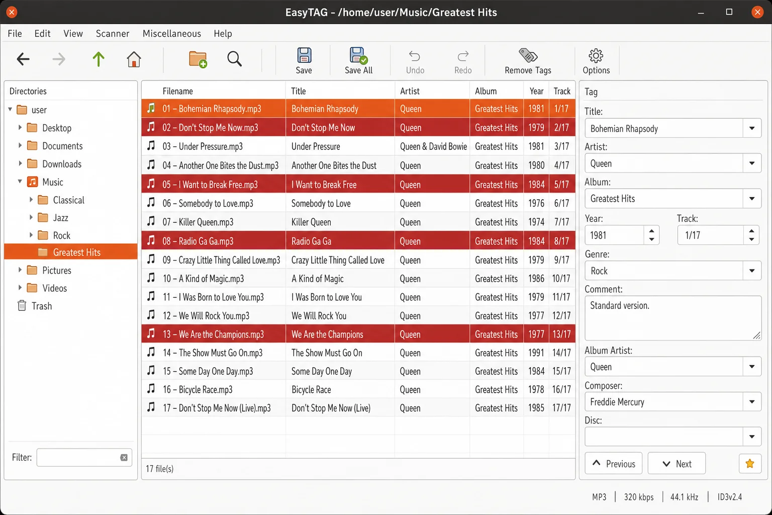 EasyTAG file list (center pane) showing a list of audio files — some highlighted in red indicating unsaved changes or tag