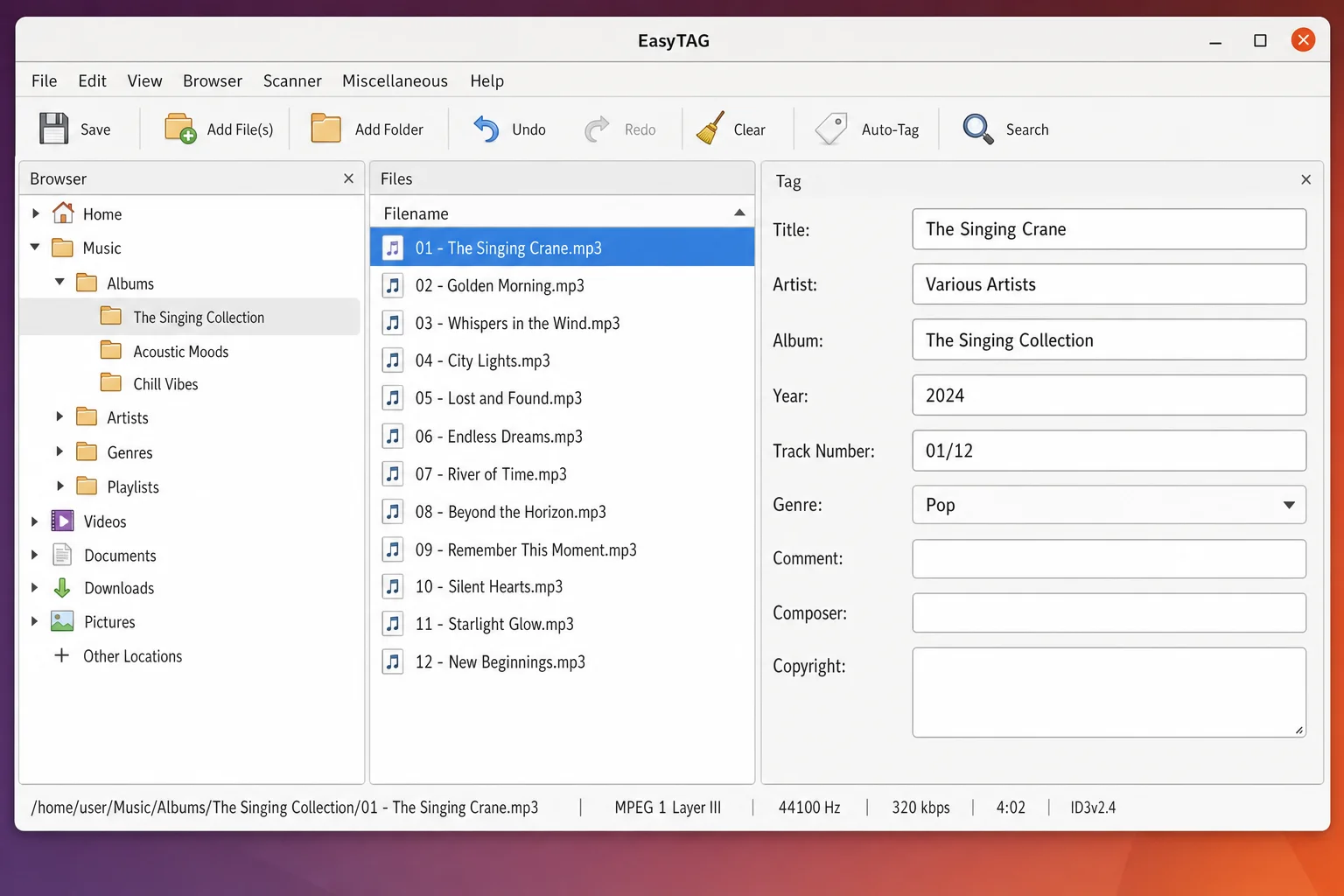 EasyTAG tag editor panel on the right side showing editable fields for Title, Artist, Album, Year, Track Number, and Genre