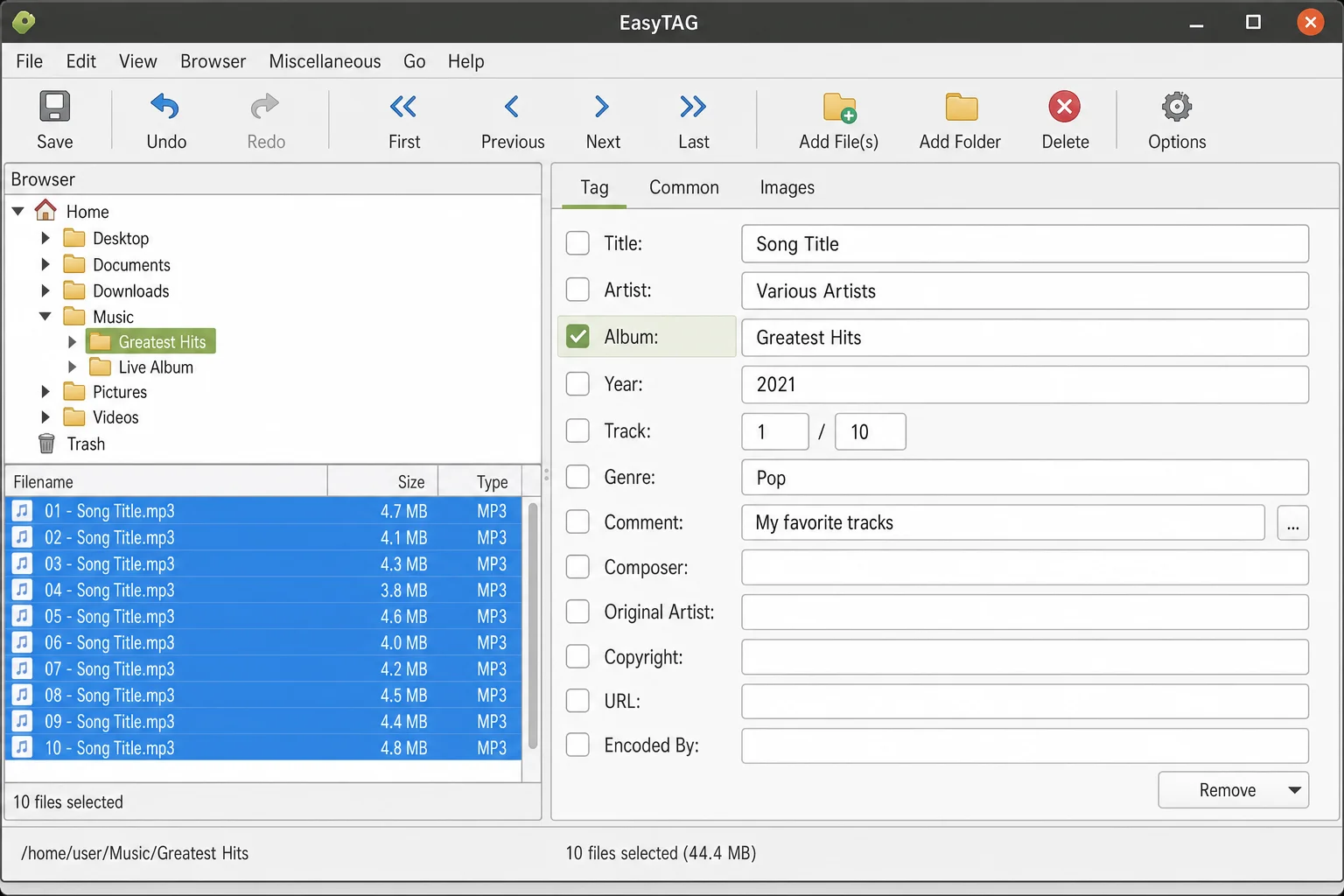 EasyTAG tag editor with multiple files selected, showing the checkbox next to the Album field checked — indicating that
